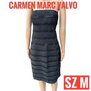Carmen Marc Valvo Sequin Embellished Black Bandage Strapless Dress sz M